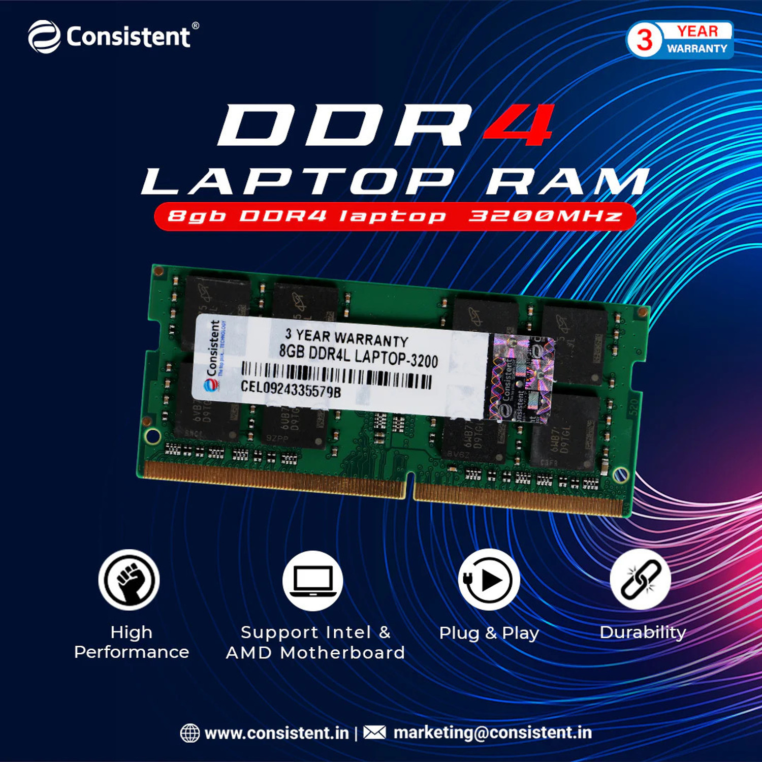 Image of consistant RAM DDR4 8 GB (Single Channel) Laptop (3200)