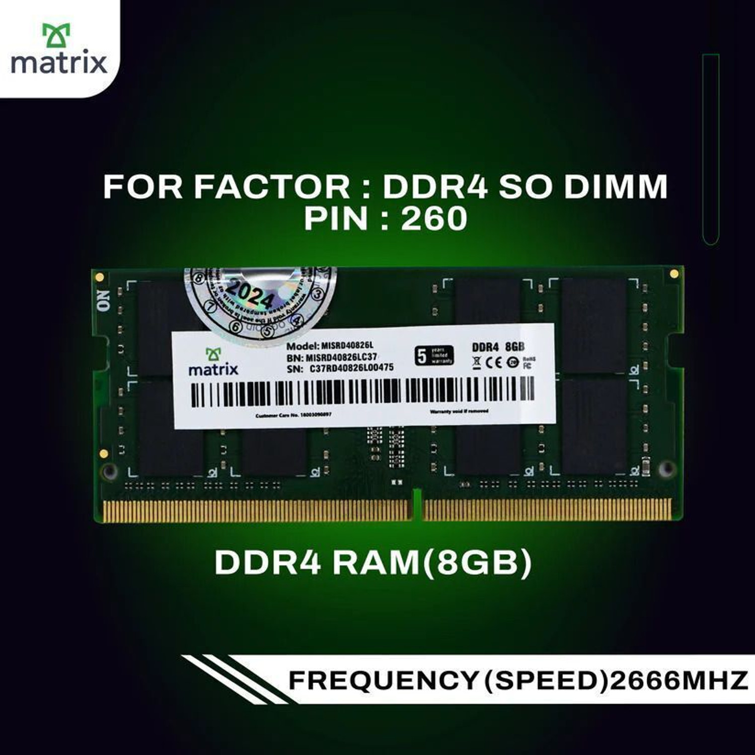 Image of Matrix DDR4 DDR4 8 GB (Single Channel) Laptop DDR4 (DDR4 8GB SO-DIMM RAM for Laptop)