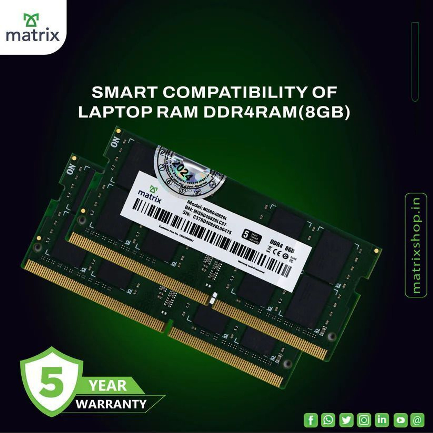 Image of Matrix DDR4 DDR4 8 GB (Single Channel) Laptop DDR4 (DDR4 8GB SO-DIMM RAM for Laptop)