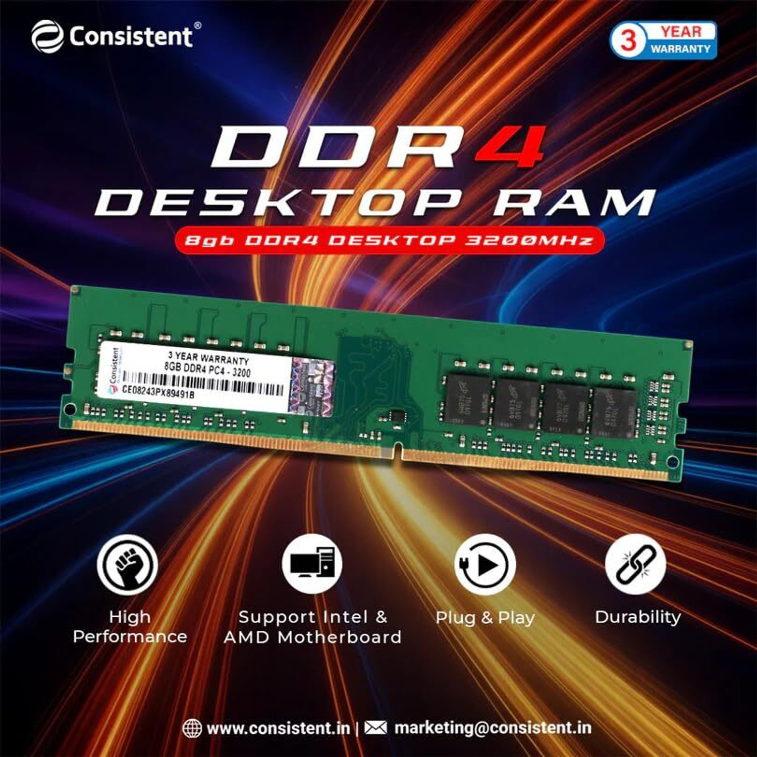 Image of Consistent Desktop 3200MHz DDR4 8 GB PC RAM (8GB DDR4 PC4-25600)