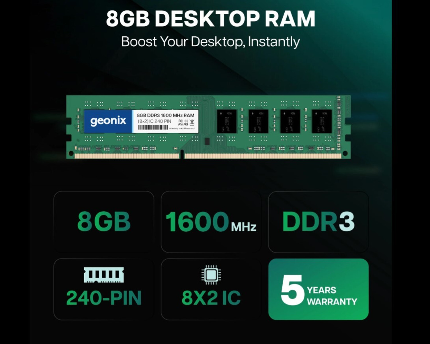 Image of Geonixx Geonix Desktop RAM Support H81, H61 All Brand MotherBrands DDR3 8 GB (Dual Channel) PC ddr3 (8 GB DDR3 1600mhz)