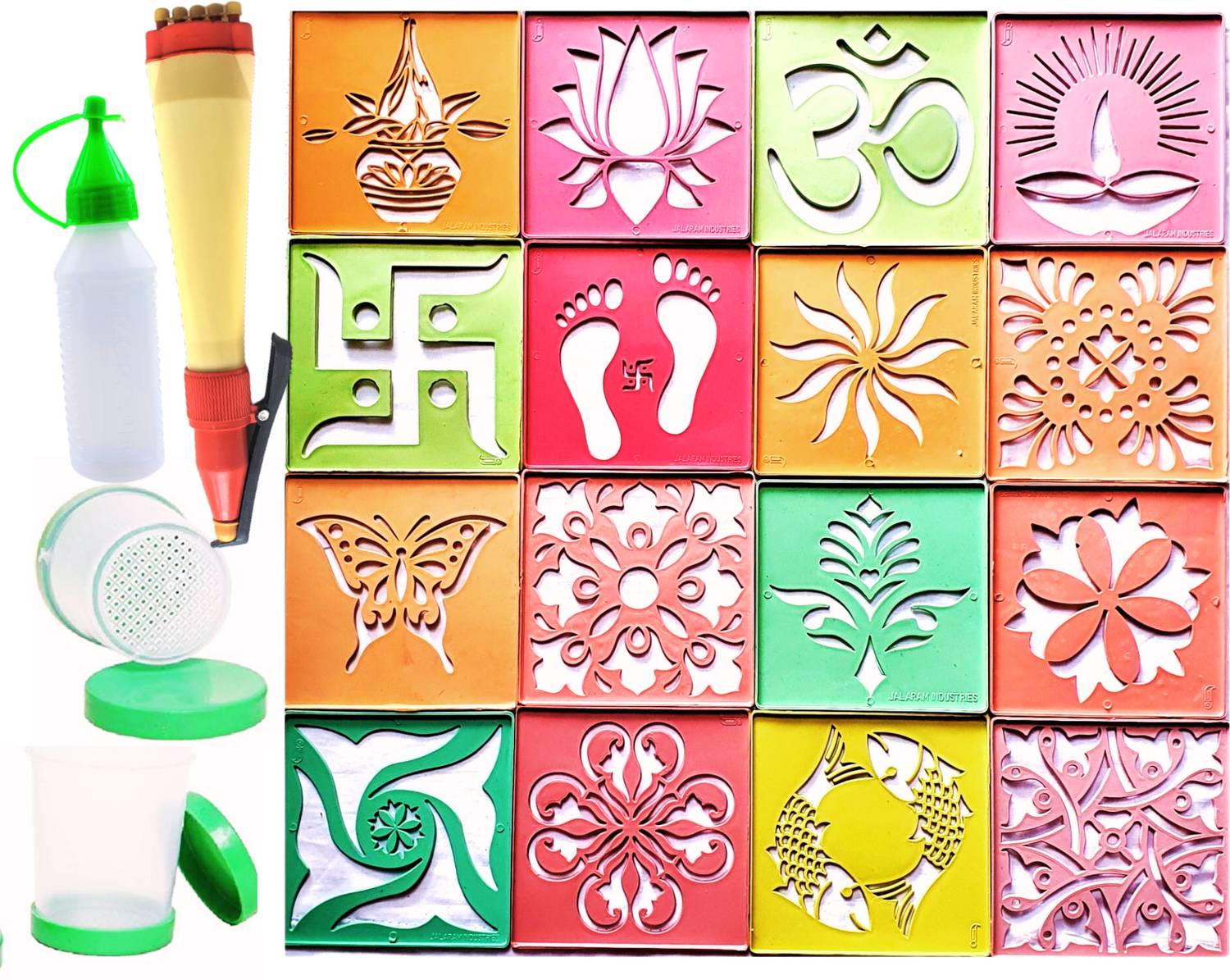 Artonezt Rangoli Tool kit- 16 Rangoli Making Stencils, 2 Fillers, 1 Pen, 1 Dropper Bottle Rangoli Stencil