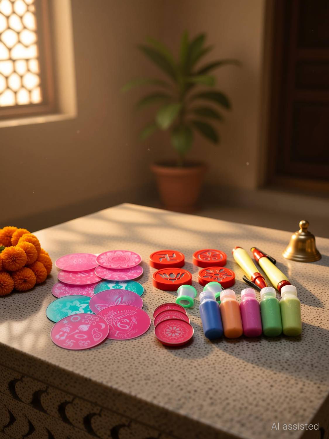 Artonezt Rangoli Making Kit: 10 Round Jali Rangoli Stencils (8”)+ 4 Round Jali Rangoli Stencils (4”)+ 4 Rangoli Stamp Fillers + 5 Rangoli Color Powder/Kolam Powder Bottles for Floor Rangoli Navratri Pongal Pooja Mandir + 2 Rangoli Outliner Pen and 2 Rangoli Fillers Rangoli Stencil