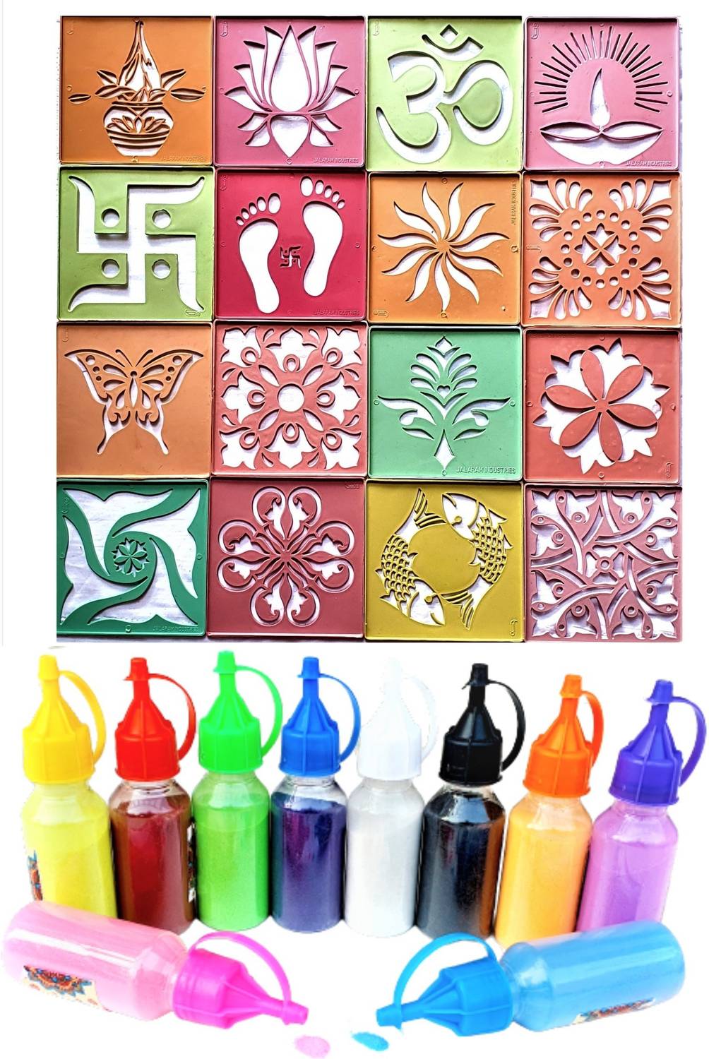 Artonezt Rangoli Tool Kit 16 DIY Kolam Rangoli Making Stencils + 10 Rangoli Color Bottles Rangoli Stencil