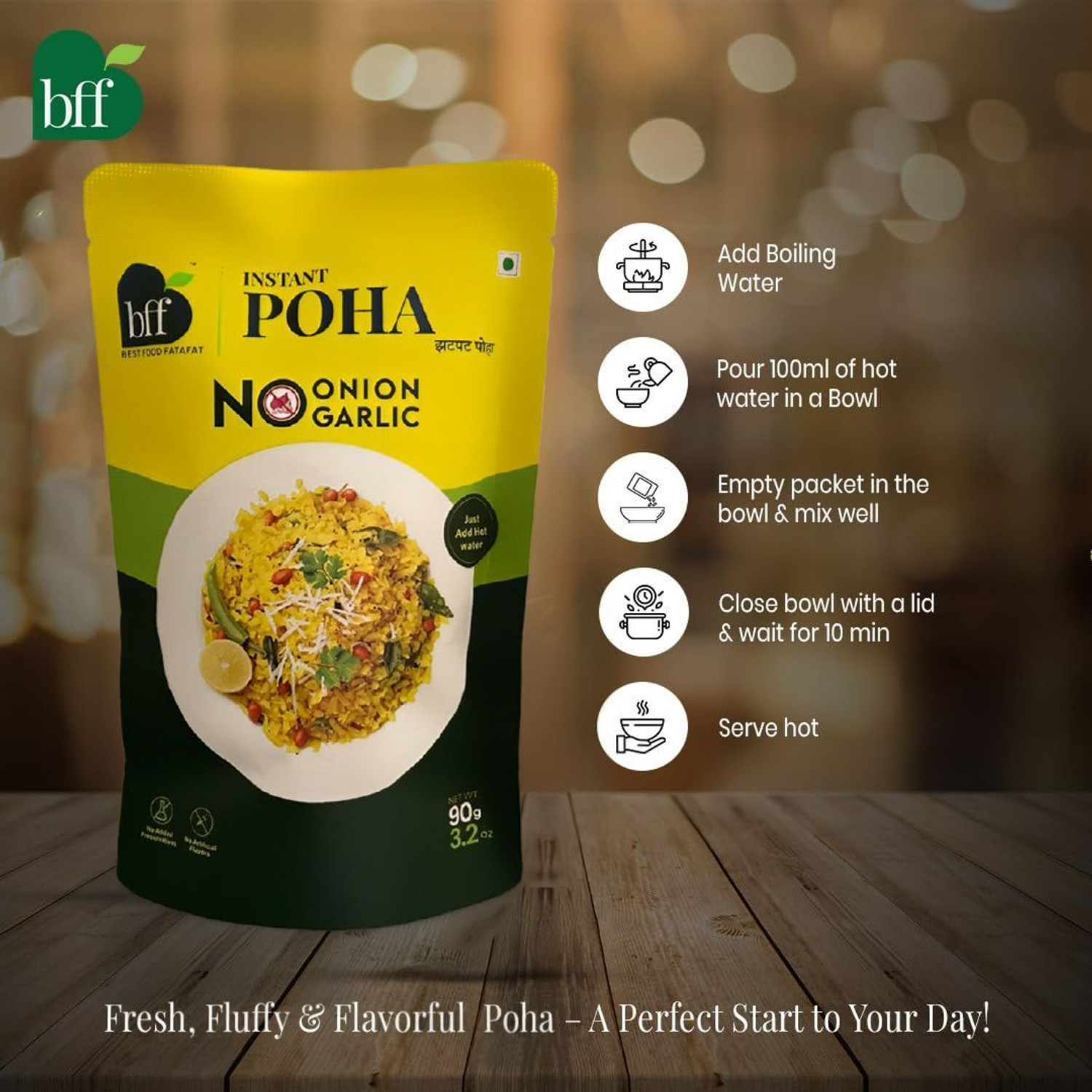 Image of Bff Instant Poha No Onion, No Garlic, 540g (90g x 6) - Ready-to-Eat Breakfast Mix