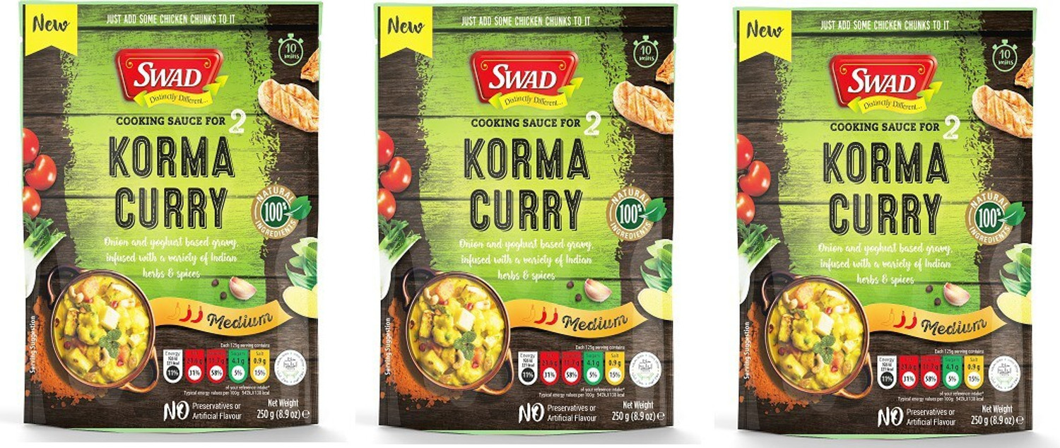 Image of SWAD Korma Curry Cooking Sauce | Onion and Yoghurt based Gravy | Infused with a Variety of Indian Herbs and Spices | Pack of 3 | 250g Each