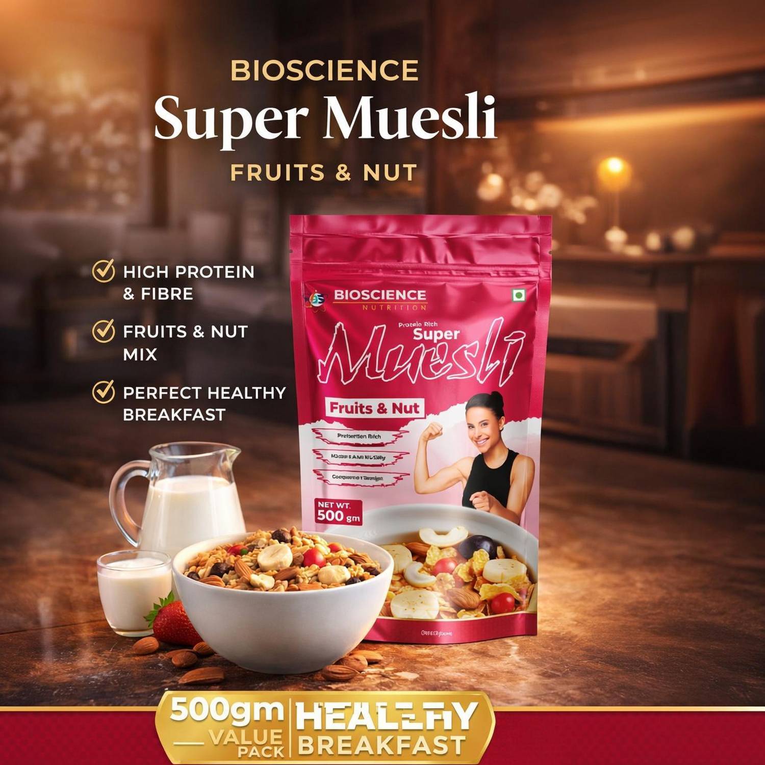 Bioscience Nutrition Super Muesli - Fruits & Nut (500g) | High Protein & Fiber Breakfast 500 g