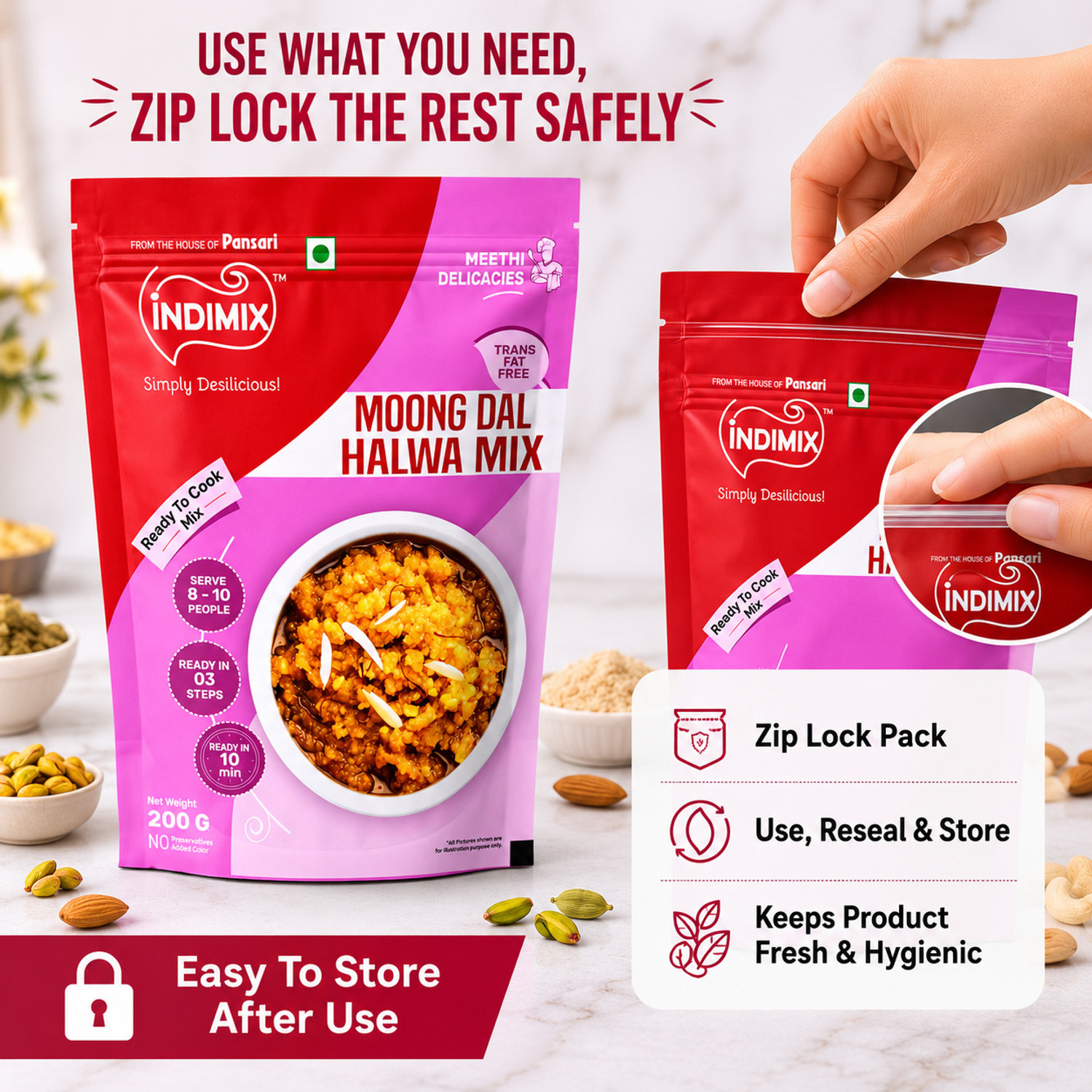 Image of INDIMIX Instant Ready to Cook Moong Dal Halwa Mix | Ready In 3 Steps | Healthy & Tasty 200 g
