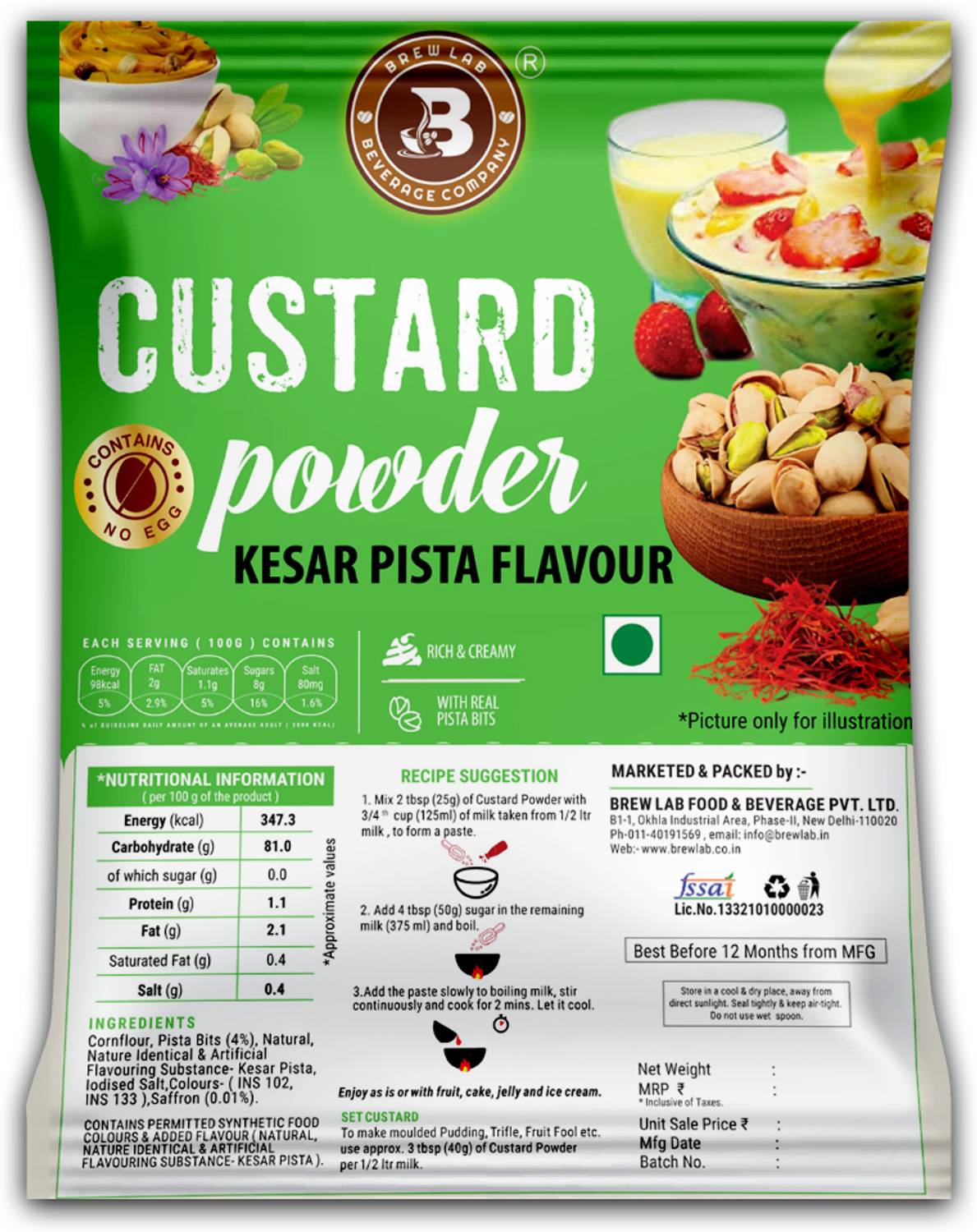 Brew Lab Custard Powder Kesar Pista Flavour Rich & Creamy And Glu