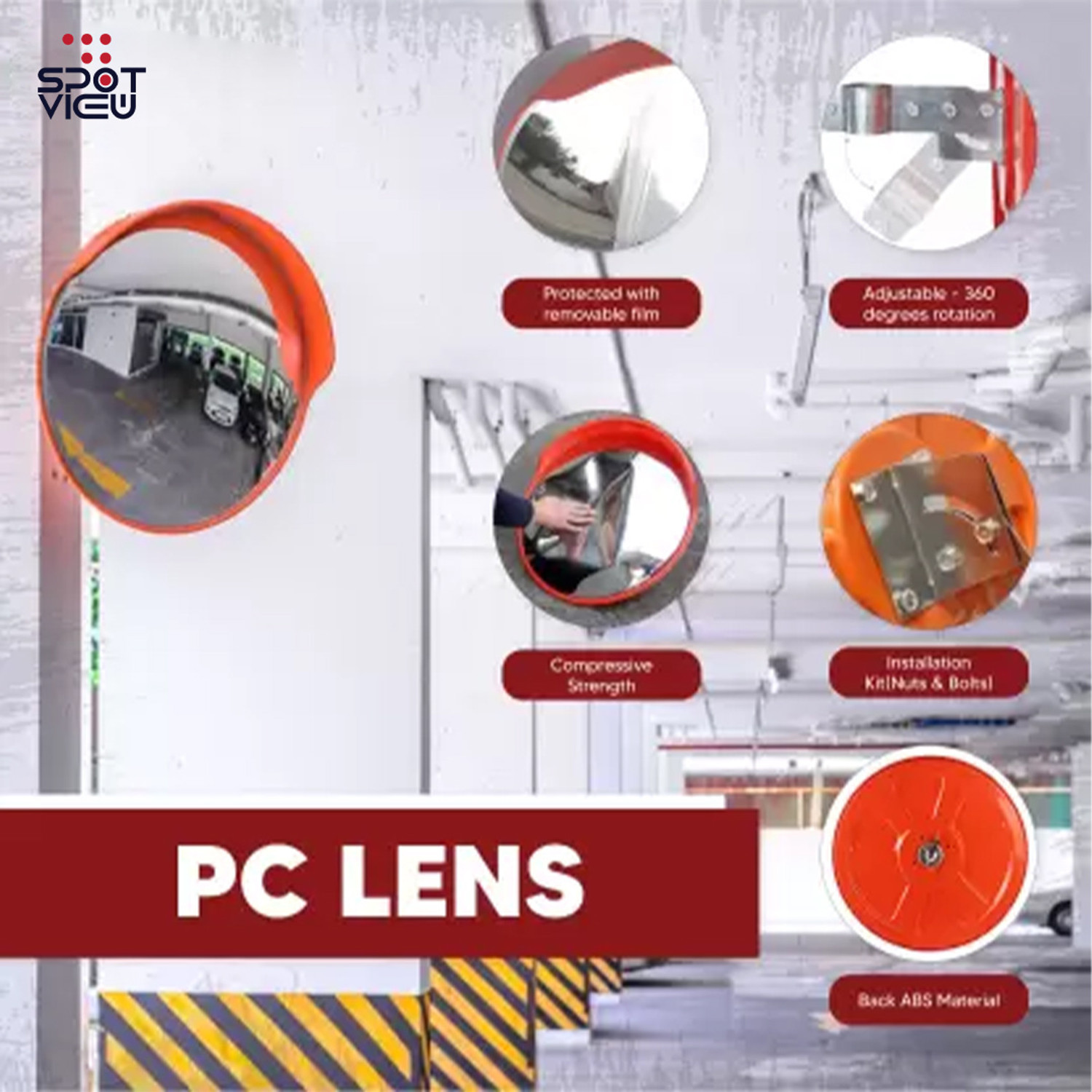 Image of Spotview Unbreakable Convex Mirror For Road Safety with Installation Kit 24 Inch Rearview Radar Mirror