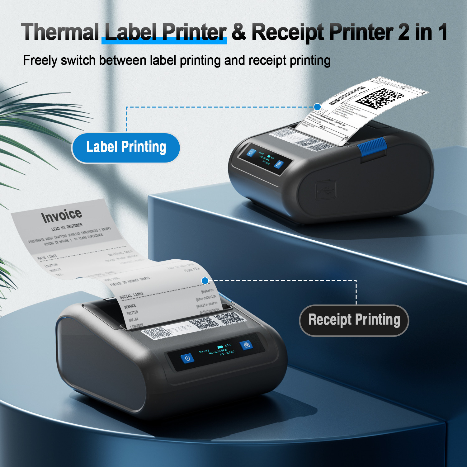 Image of HIROBOT Portable 3Inch Thermal Label Printer+80mm Receipt Printer 2in1, Adjustable Size Thermal Receipt Printer