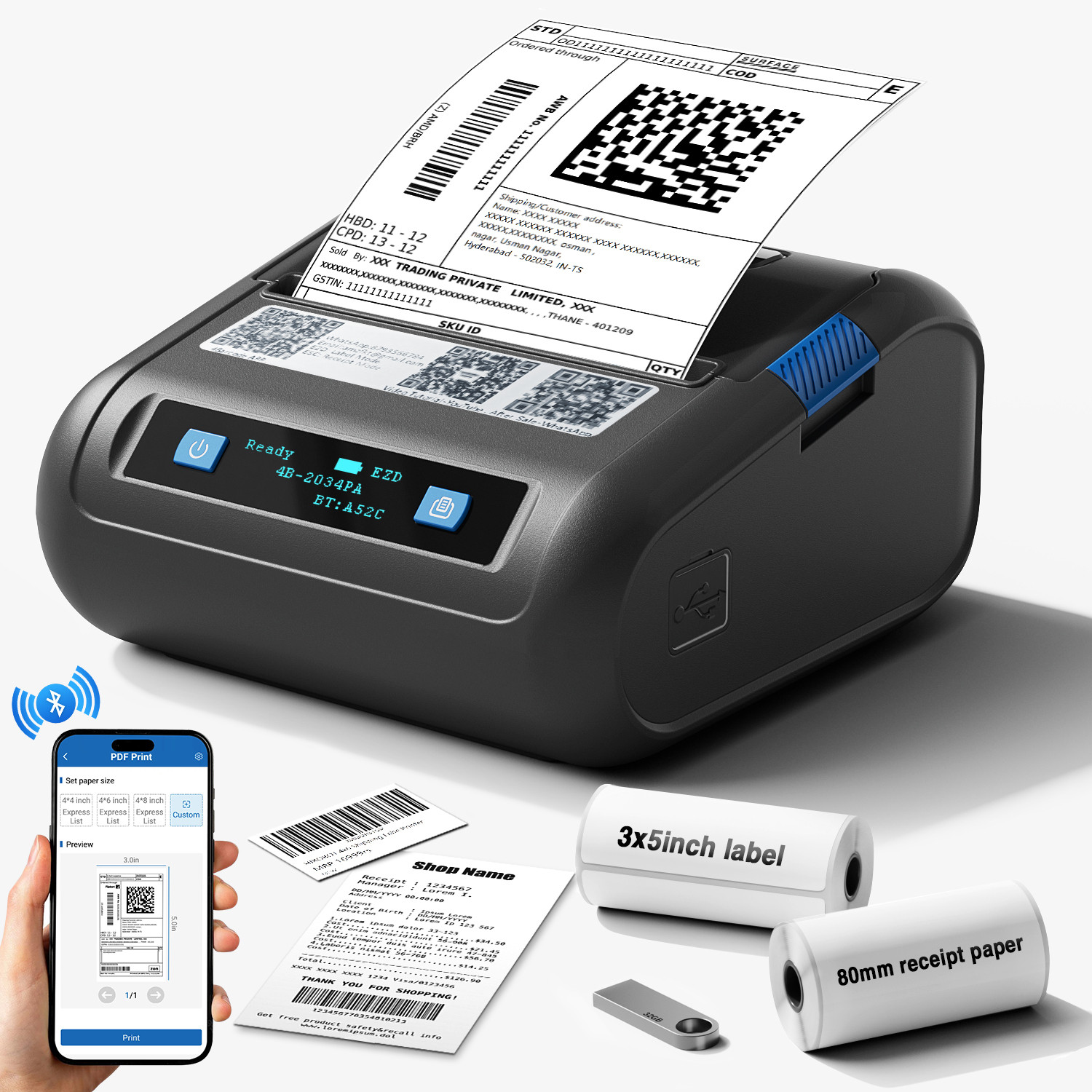 Image of HIROBOT Portable 3Inch Thermal Label Printer+80mm Receipt Printer 2in1, Adjustable Size Thermal Receipt Printer