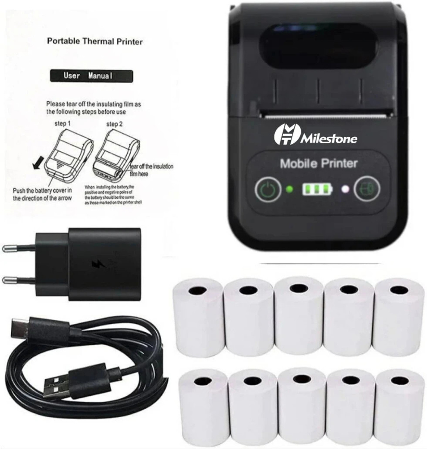 Image of Milestone MPT-II 58mm 2inch Thermal Bluetooth Receipt Bill Printer With 10PCS Thermal Roll Thermal Receipt Printer
