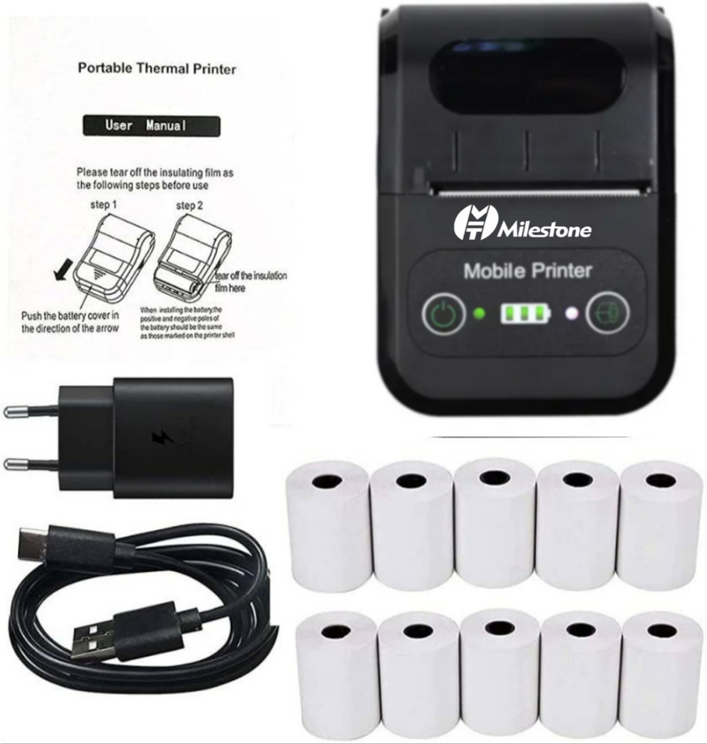 Image of Milestone MPT-II 58mm Thermal Printer Bluetooth Printer Android POS 2 Inch Receipt Bill Printer Printing Machine for Small Business, Restaurant Swiggy Zomato KOT, Shopping Mall, Mini Market - WITH 58MM x 15MTR 10PCS THERMAL ROLL Thermal Receipt Printer