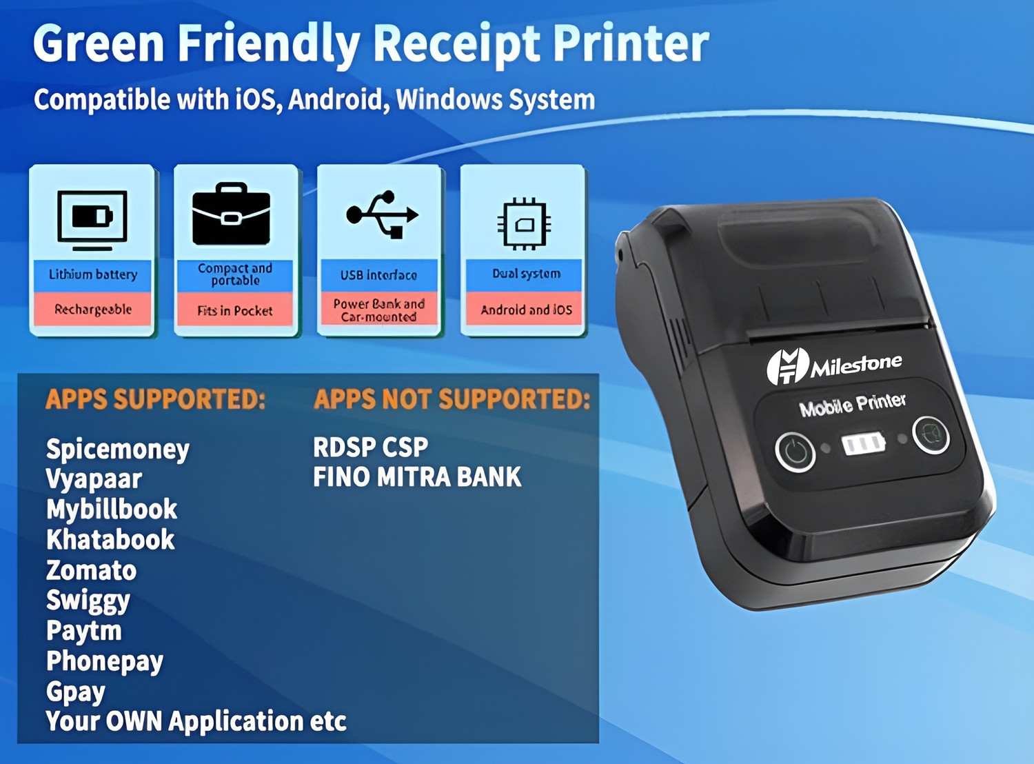 Image of Milestone MPT-II 58mm 2inch Thermal Bluetooth Receipt Bill Printer With 10PCS Thermal Roll Thermal Receipt Printer
