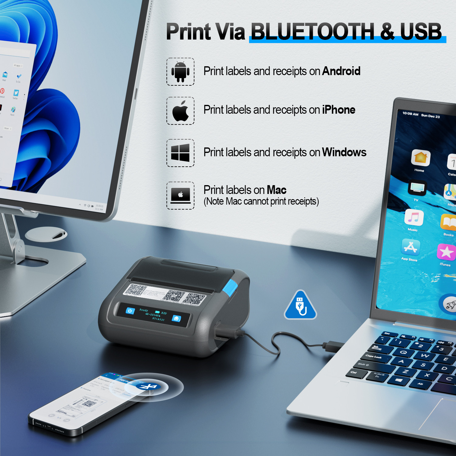 Image of HIROBOT Portable 3Inch Thermal Label Printer+80mm Receipt Printer 2in1, Adjustable Size Thermal Receipt Printer