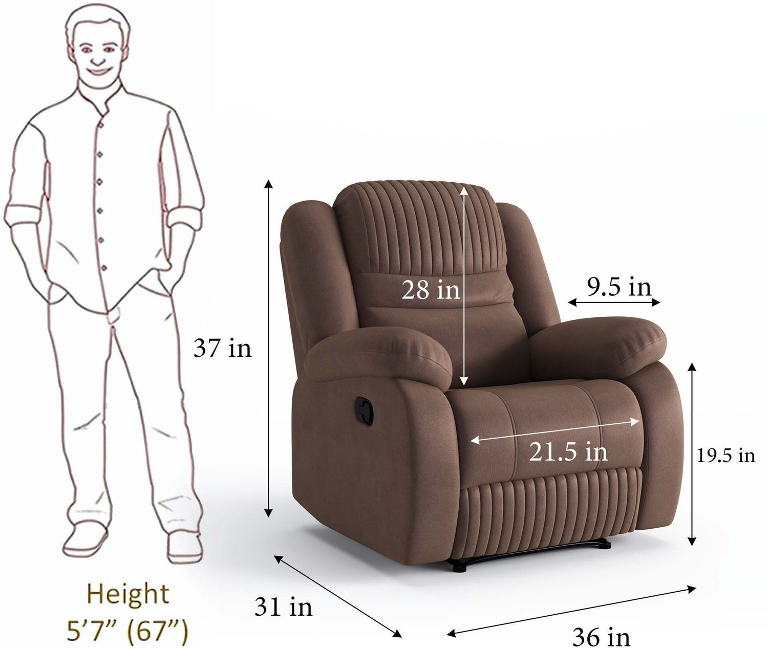Image of Atharv Homes Fabric Manual Recliner (Finish Color - Brown, DIY(Do-It-Yourself))