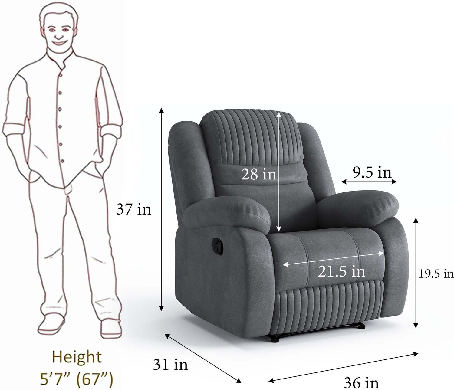 Image of Atharv Homes Fabric Manual Recliner (Finish Color - Grey, DIY(Do-It-Yourself))