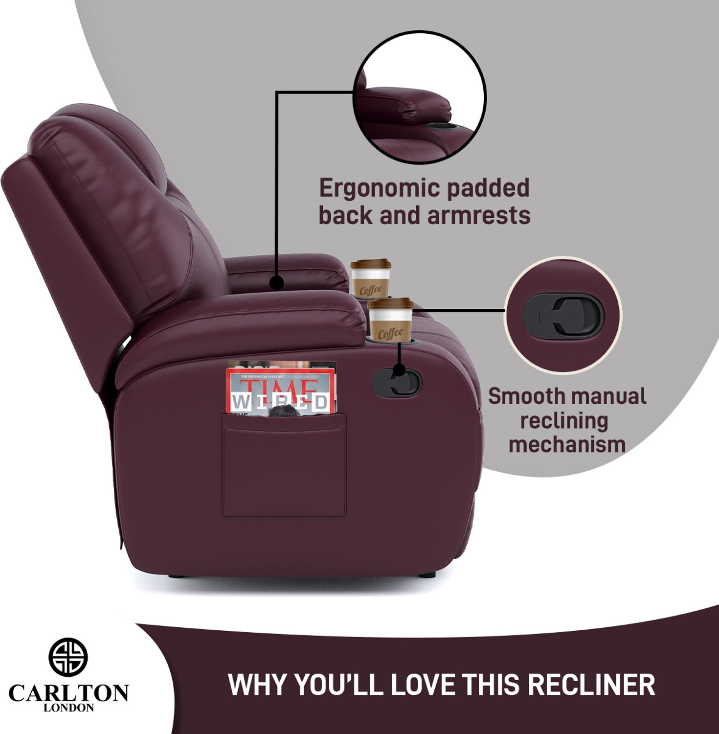 Image of CARLTON LONDON Dream Leatherette Manual Recliner (Finish Color - Maroon, DIY(Do-It-Yourself))