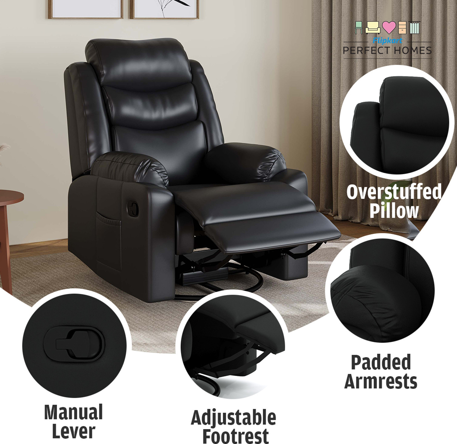 Image of Flipkart Perfect Homes Leatherette Manual Swivel & Rocker Recliner