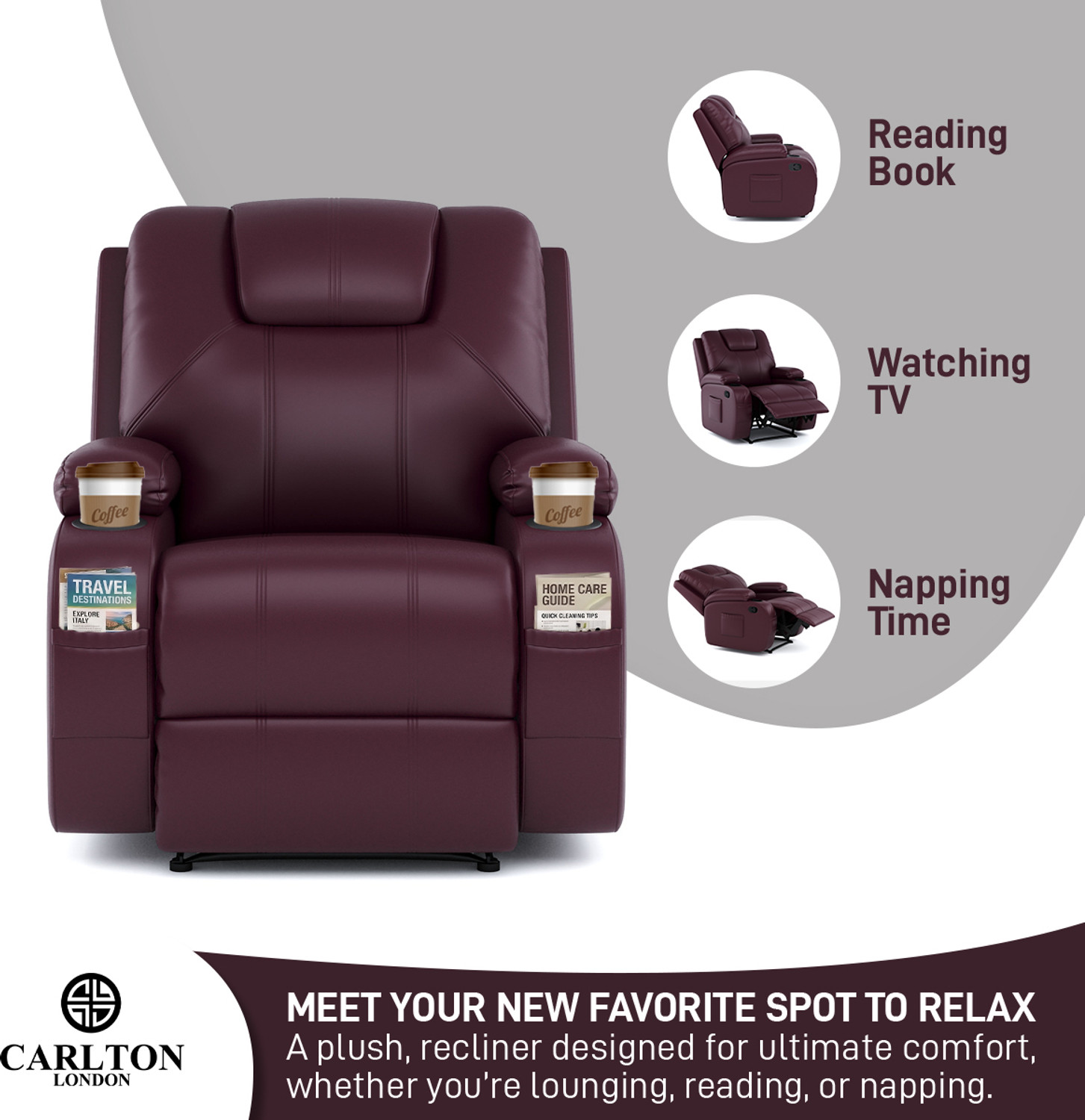 Image of CARLTON LONDON Dream Leatherette Manual Recliner (Finish Color - Maroon, DIY(Do-It-Yourself))