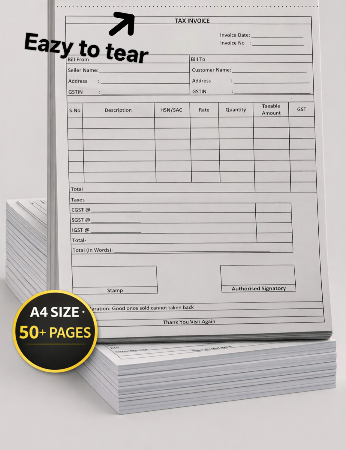 Image of RG ENTERPRISES Invoice Book 1-Part Tax Invoice Book A4 Size | Easy Tear Perforated |Professional Billing Pad