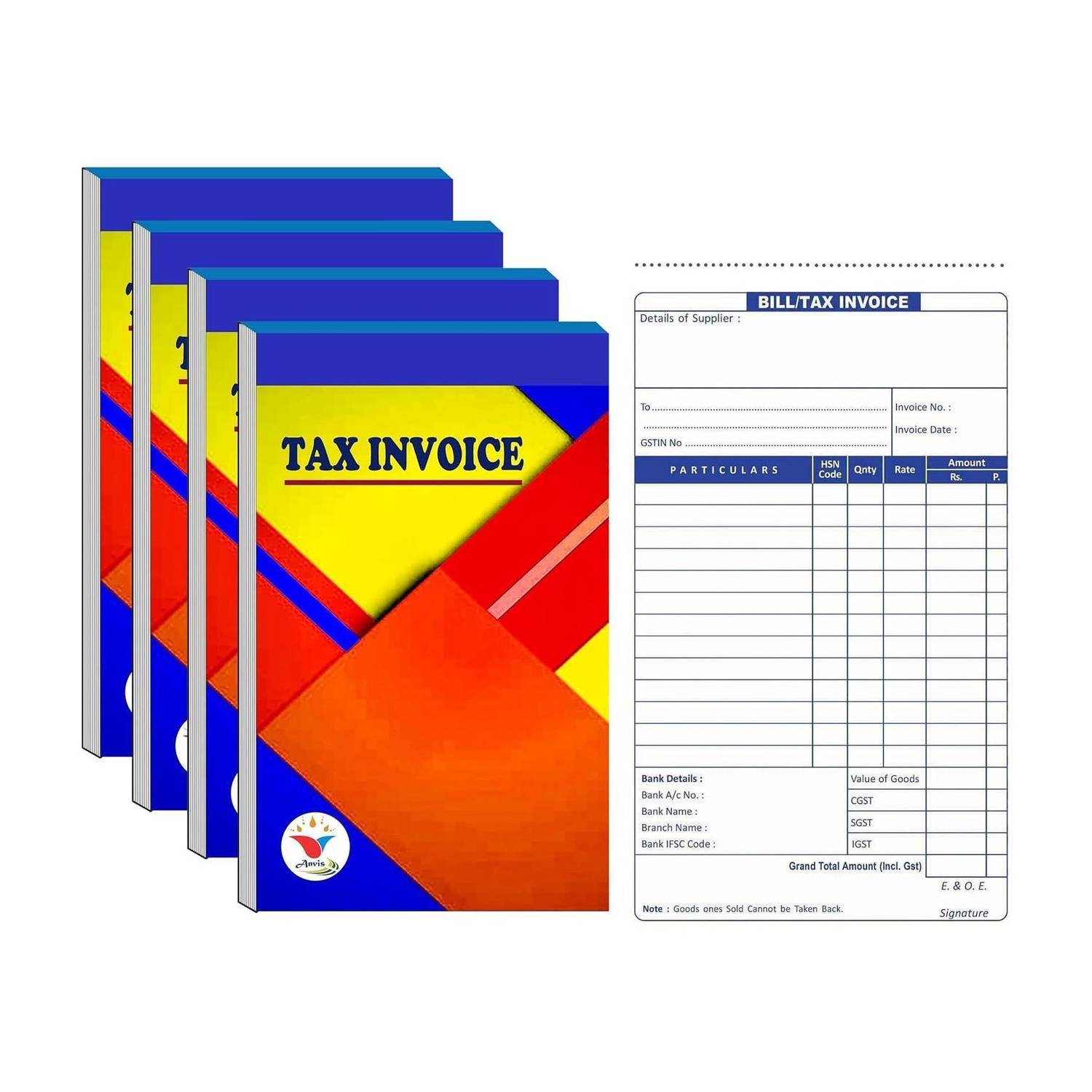 ANVIS Premium Tax Invoice Bill Book | Get a free pen with this package! 1-Part Book | 13 × 22 cm (Pack of 4) |