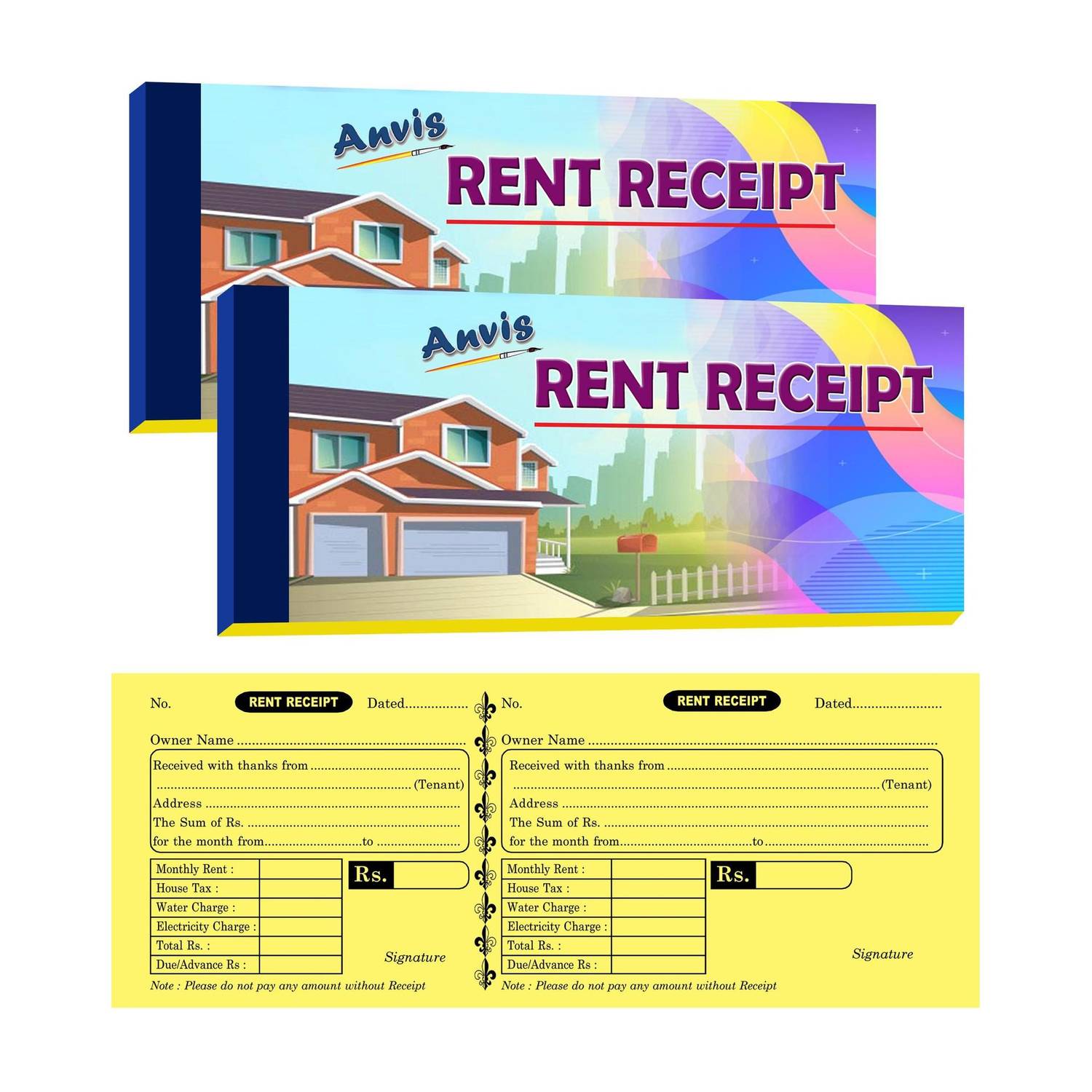 ANVIS Rent Receipt Book 28.5 × 11 cm 50 Sheets (Pack of 2) 2-Part Rent Receipt Book