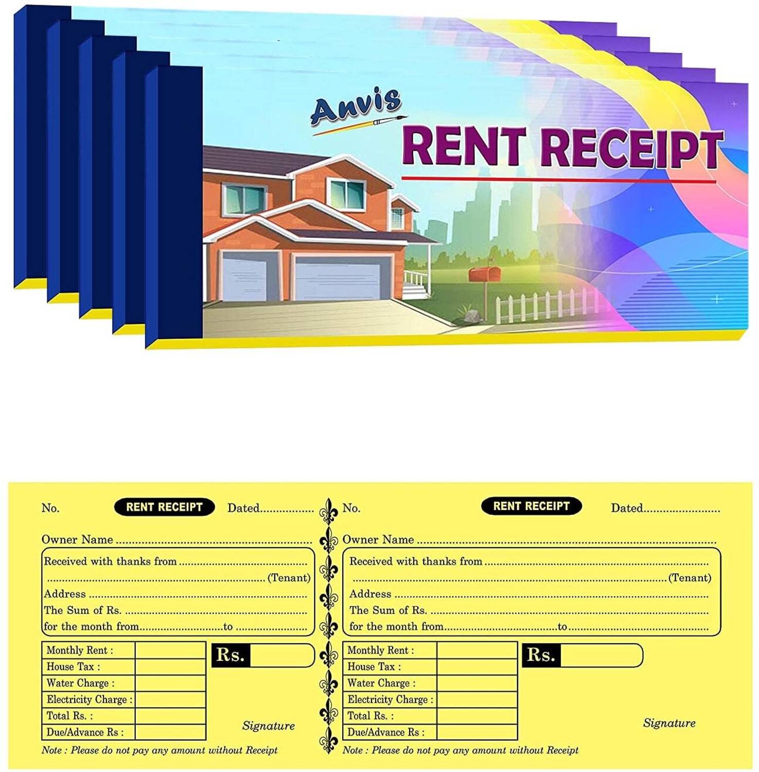 ANVIS Rent Receipt Book (28.5 × 11 cm) | 50 Sheets (Pack of 5) | 1-Part Rent Receipt Book