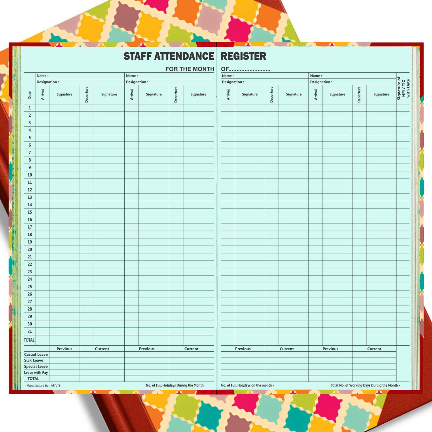 ANVIS Staff Attendence Register | Arrival, Departure Time | 50 Sheets | 100 Pages 1-Part Record Keeping Book