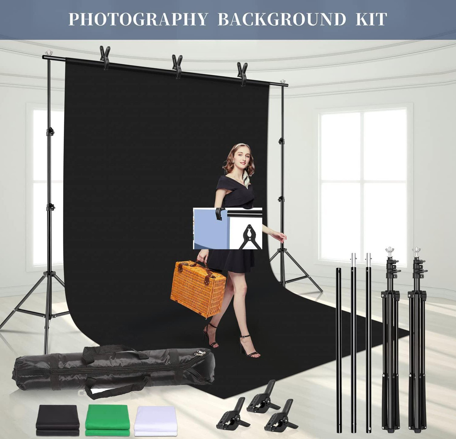 Image of PICPRO Photography Background Support Backdrop Stand Kit with 3 Colors Lekera Screen Reflector