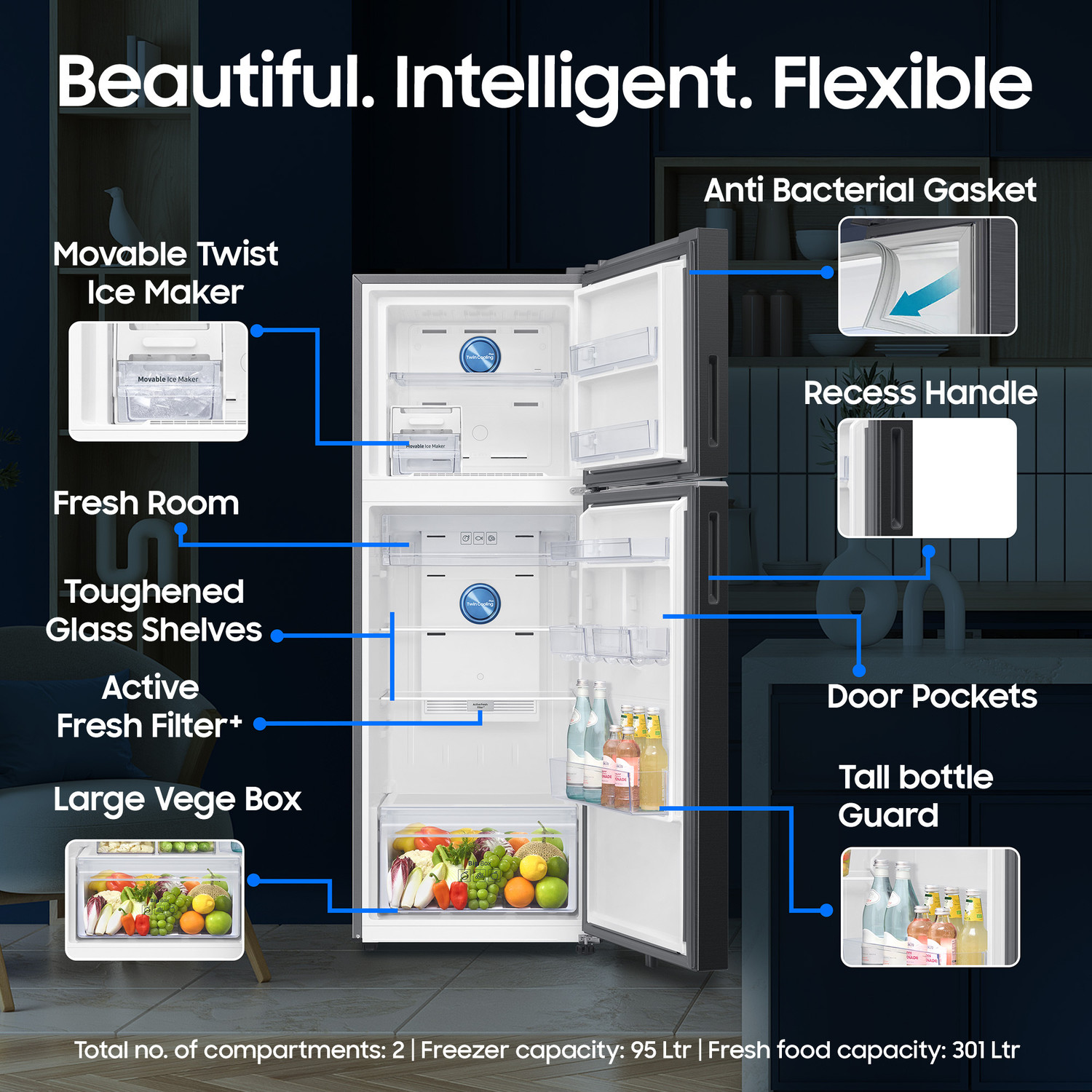 Image of Samsung 396 L Frost Free Double Door 2 Star Refrigerator with Convertible 5-in-1, Digital Inverter, 2026 Model
