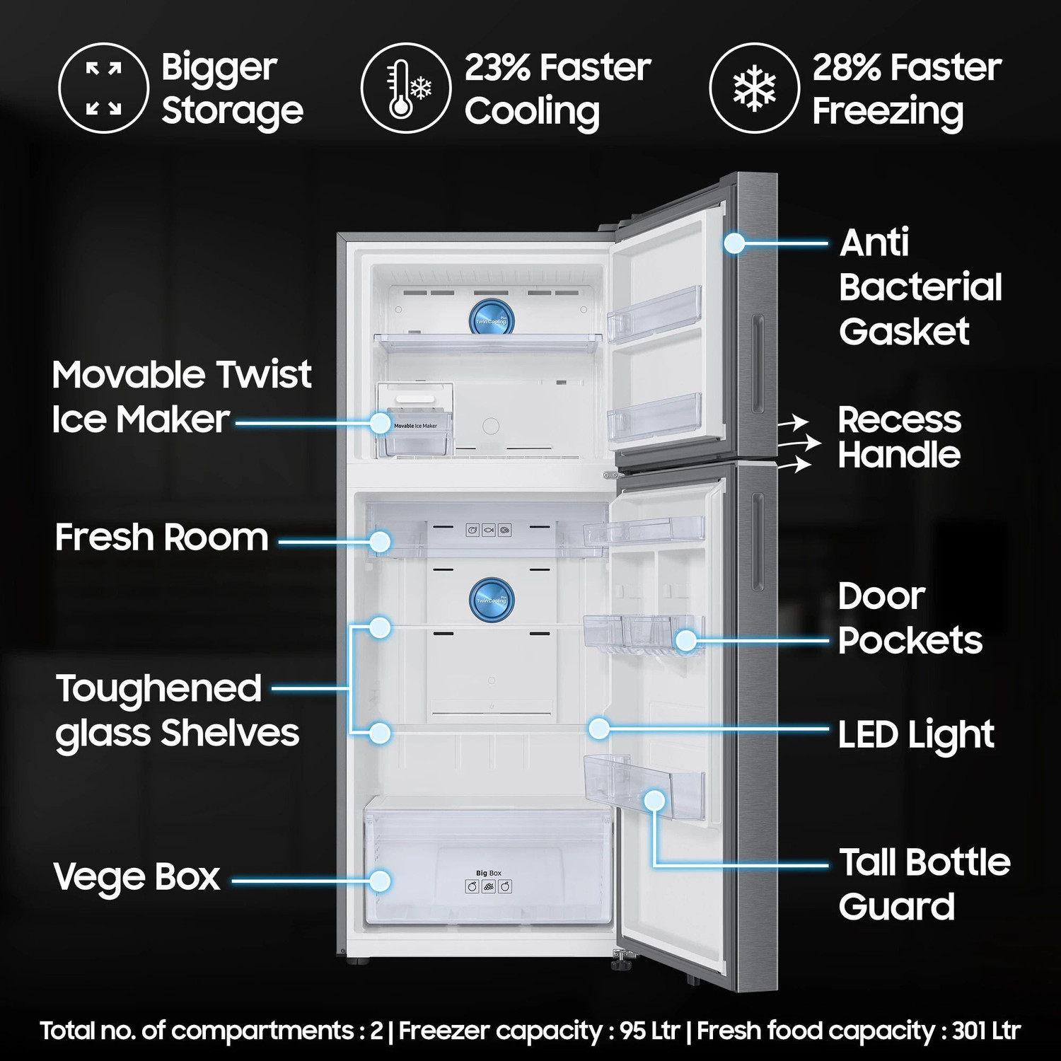 Image of Samsung 396 L Frost Free Double Door 2 Star Convertible Refrigerator with 5-in-1, Digital Inverter, WiFi Enabled Bespoke AI