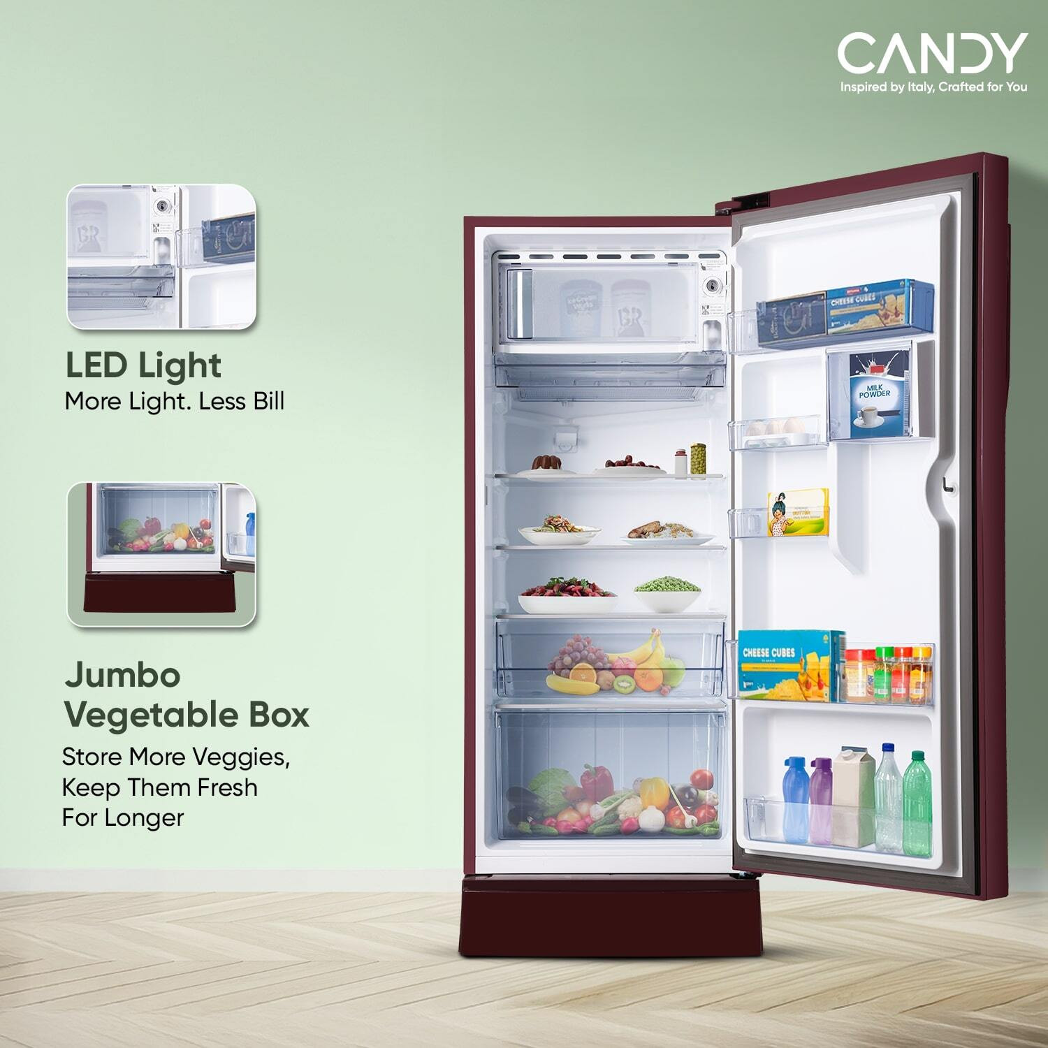 Image of CANDY 190 L Direct Cool Single Door 5 Star Refrigerator with Base Drawer with Jumbo Fruit and vegetable Box