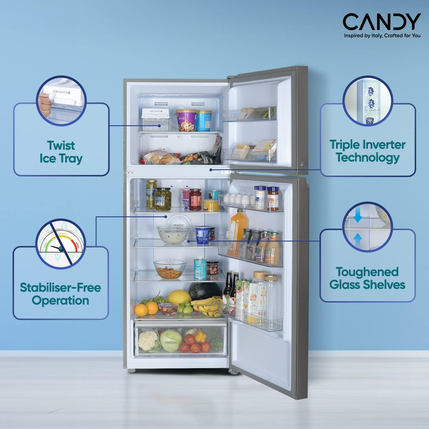 Image of CANDY 328 L Frost Free Double Door 3 Star Refrigerator with 10 in 1 Convertible Refrigerator , Inverter Compressor
