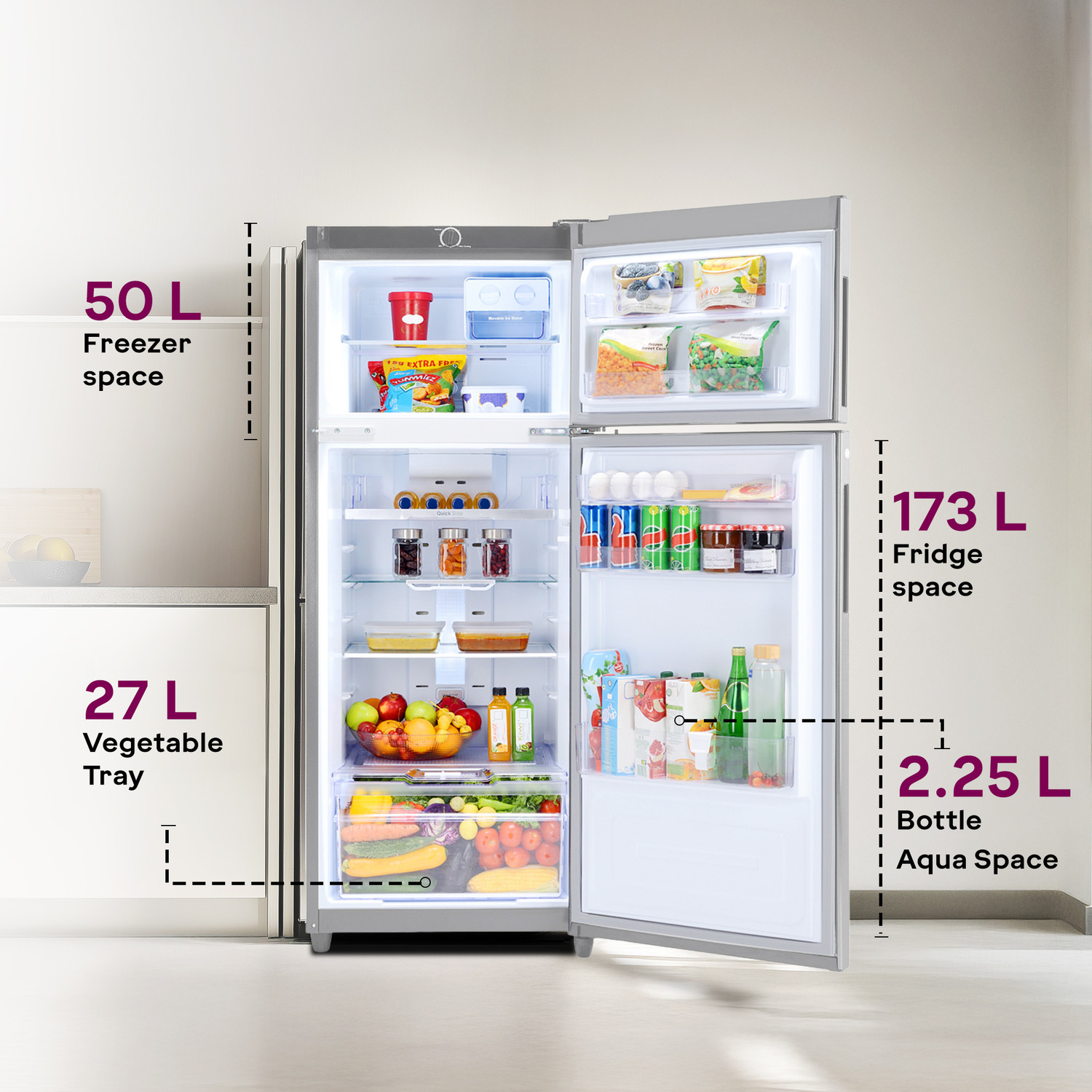 Image of Godrej 223 L Frost Free Double Door 2 Star Refrigerator with AI Powered 30 Days Farm Freshness Uniform 360 Cooling Inverter