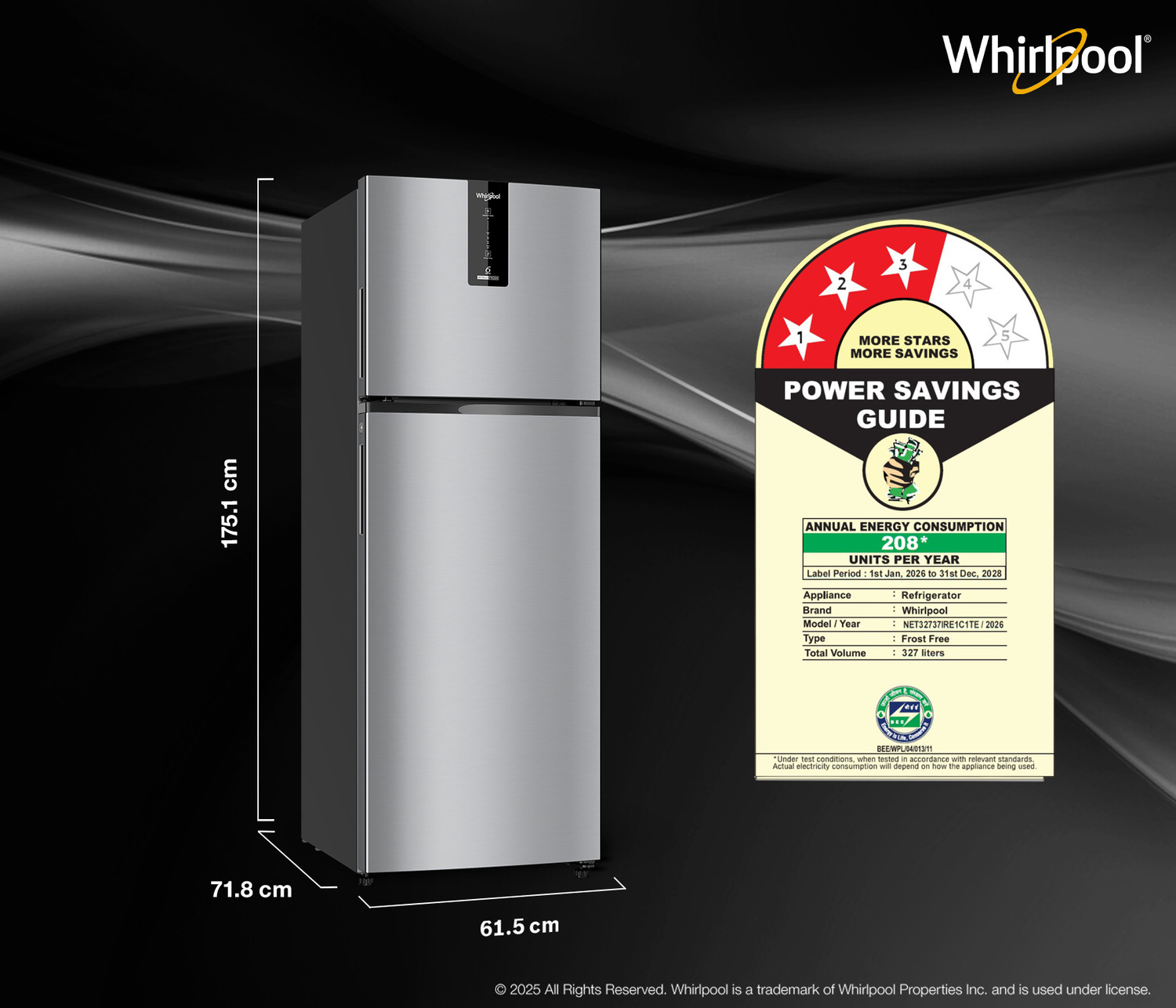 Image of Whirlpool 327 L Frost Free Double Door 3 Star Refrigerator