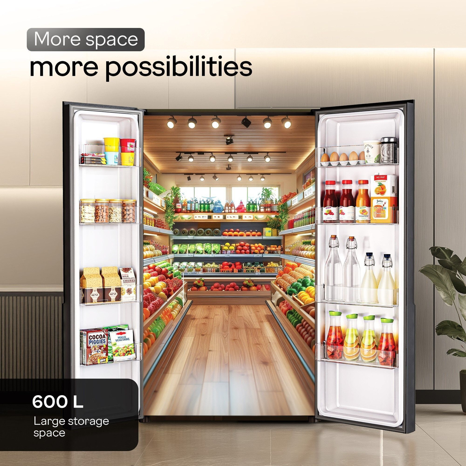 Image of Godrej 600 L Frost Free Side by Side 3 Star Refrigerator with Smart Convertible AI Powered 3 Intelligent Modes Glass Door Digital Touch Panel Inverter