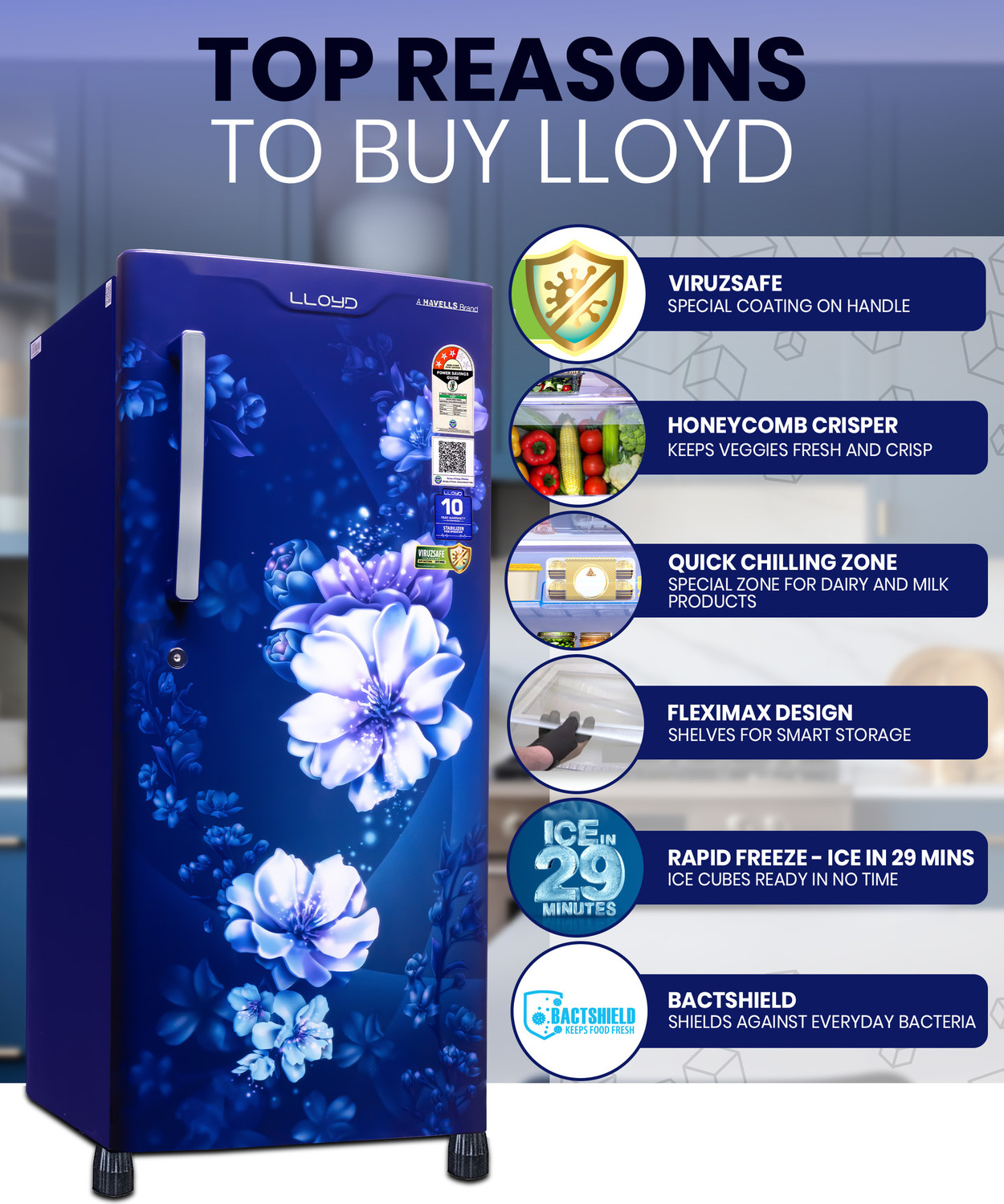 Image of Lloyd by Havells 188 L Direct Cool Single Door 3 Star Refrigerator with Rapid Freeze Technology - Ice in 29 minutes Inverter CompressorFleximax Design