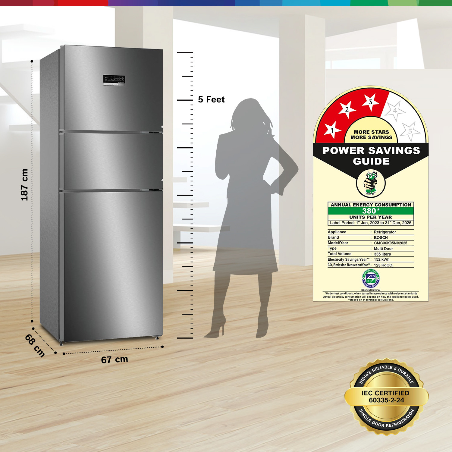 Image of BOSCH 335 L Frost Free Triple Door 3 Star Convertible Refrigerator