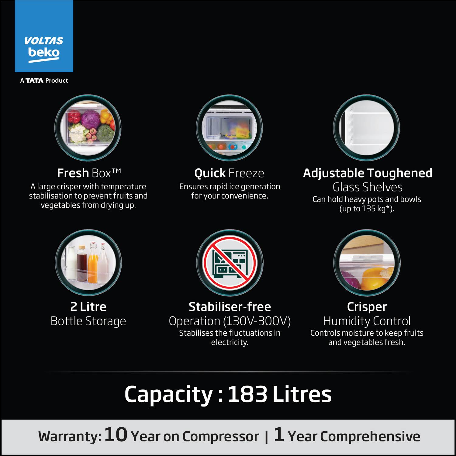 Voltas Beko 183 L Direct Cool Single Door 5 Star Refrigerator - Image 2