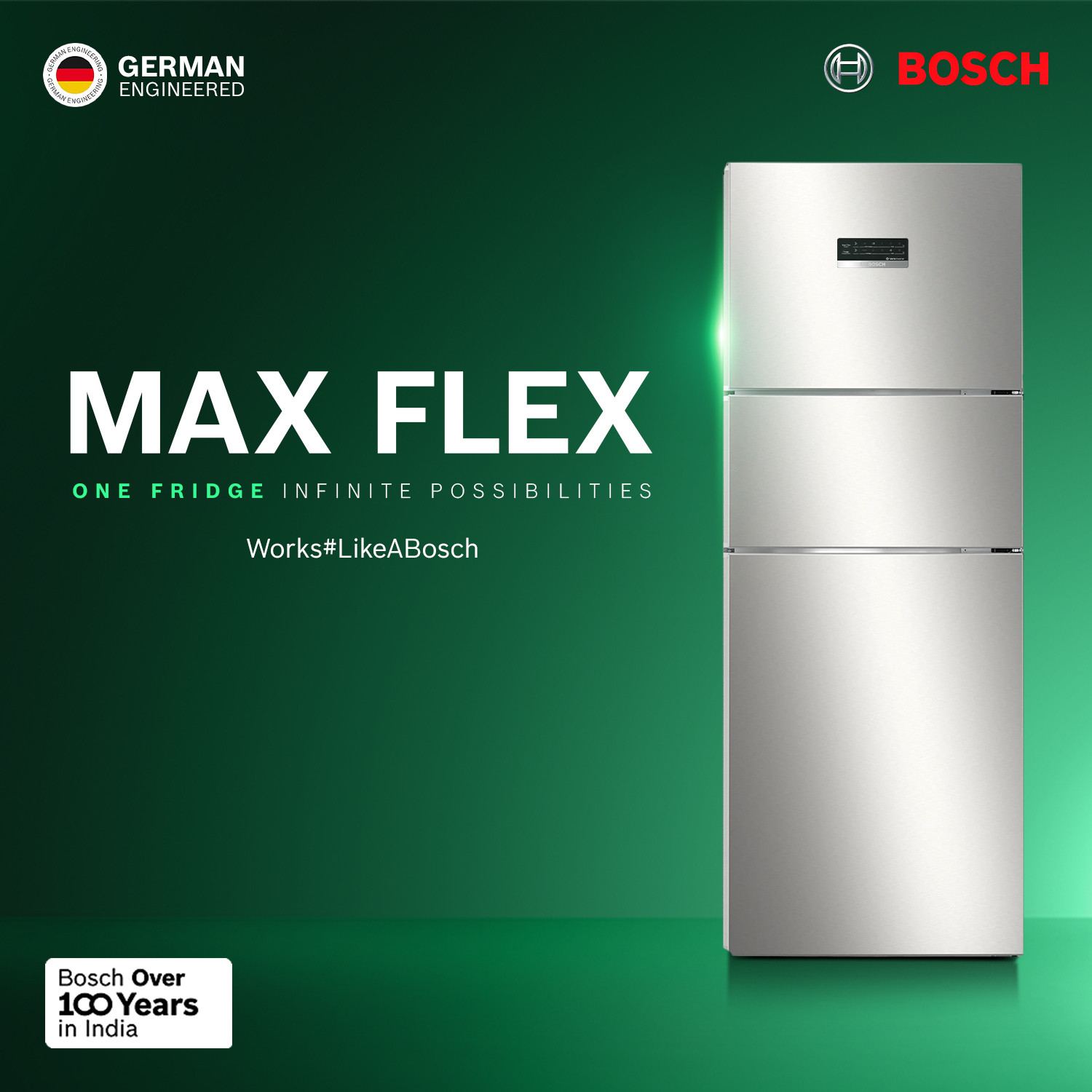 Image of BOSCH 302 L Frost Free Triple Door 3 Star Refrigerator with Large LED Display, 18 Hrs Cooling Retention,Adaptive Intelligence, VitaFresh 10 Day Fresh Technology