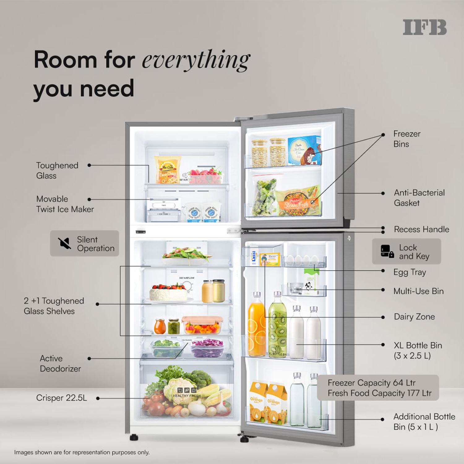 Image of IFB 241 L Frost Free Double Door 3 Star Convertible Refrigerator with 30 Hrs Cooling Retention, Big Vegetable Box with Humidity Controller (30 Days Fresh), XL Bottle Bin, Freezer LED, Advanced Inverter Compressor & 4 Year Super Warranty