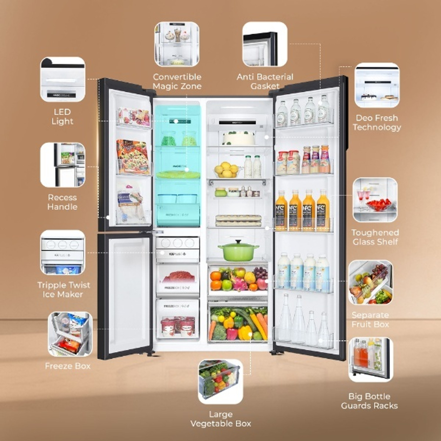 Image of Haier 598 L Frost Free Side by Side 3 Star Convertible Refrigerator with Expert Inverter Smart Sense AI enabled 3-Door , 3 Star, ( Magic Convertible Zone, Premium Vogue Glass, 2026 Model)
