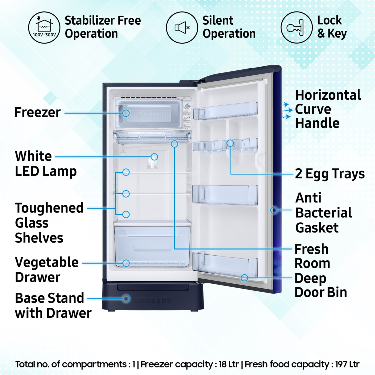 Image of Samsung 215 L Direct Cool Single Door 5 Star Refrigerator with Base Drawer with Digital Inverter, Single Touch Defrost, 2026 Model
