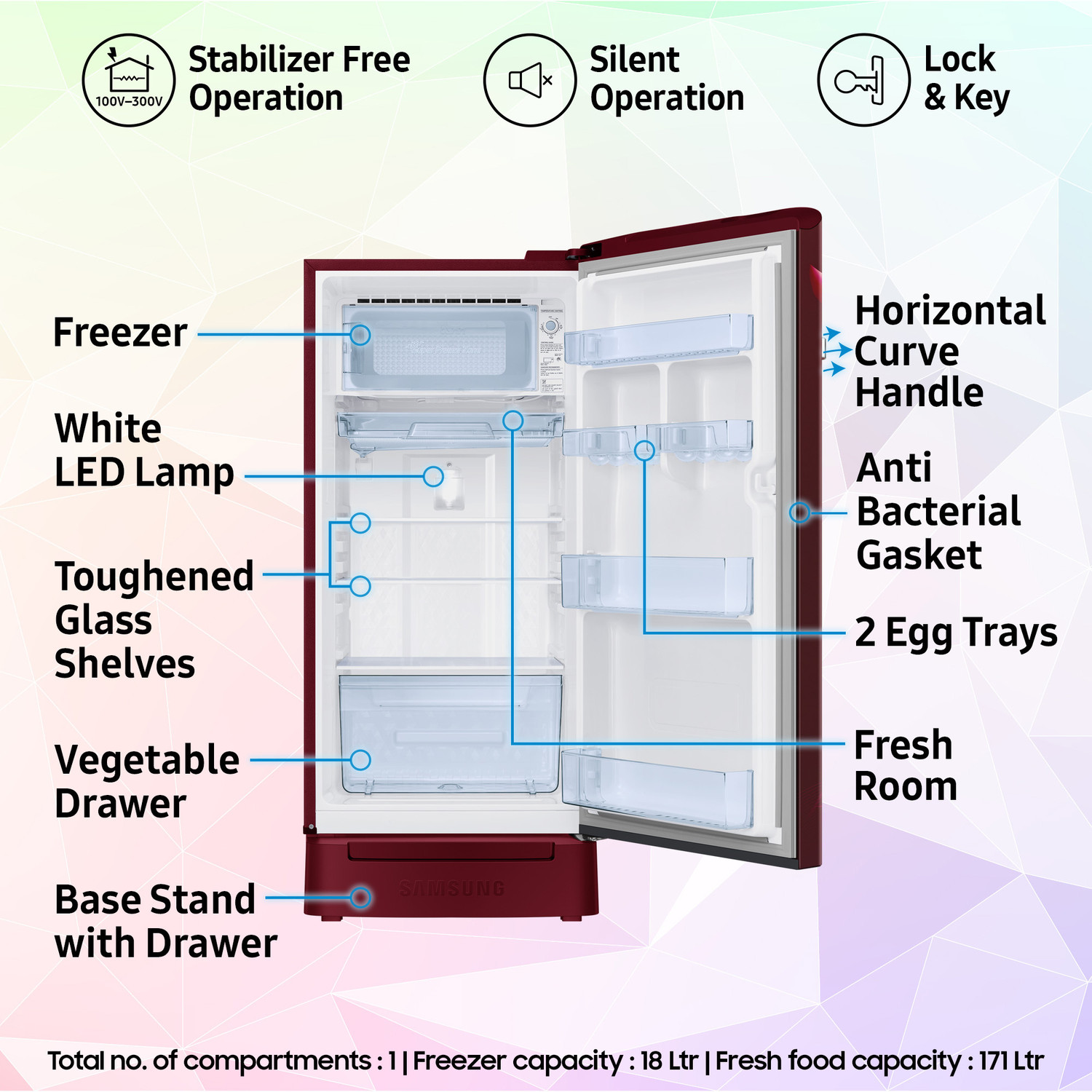 Image of Samsung 189 L Direct Cool Single Door 5 Star Refrigerator with Base Drawer with Digital Inverter, Single Touch Defrost, 2026 Model