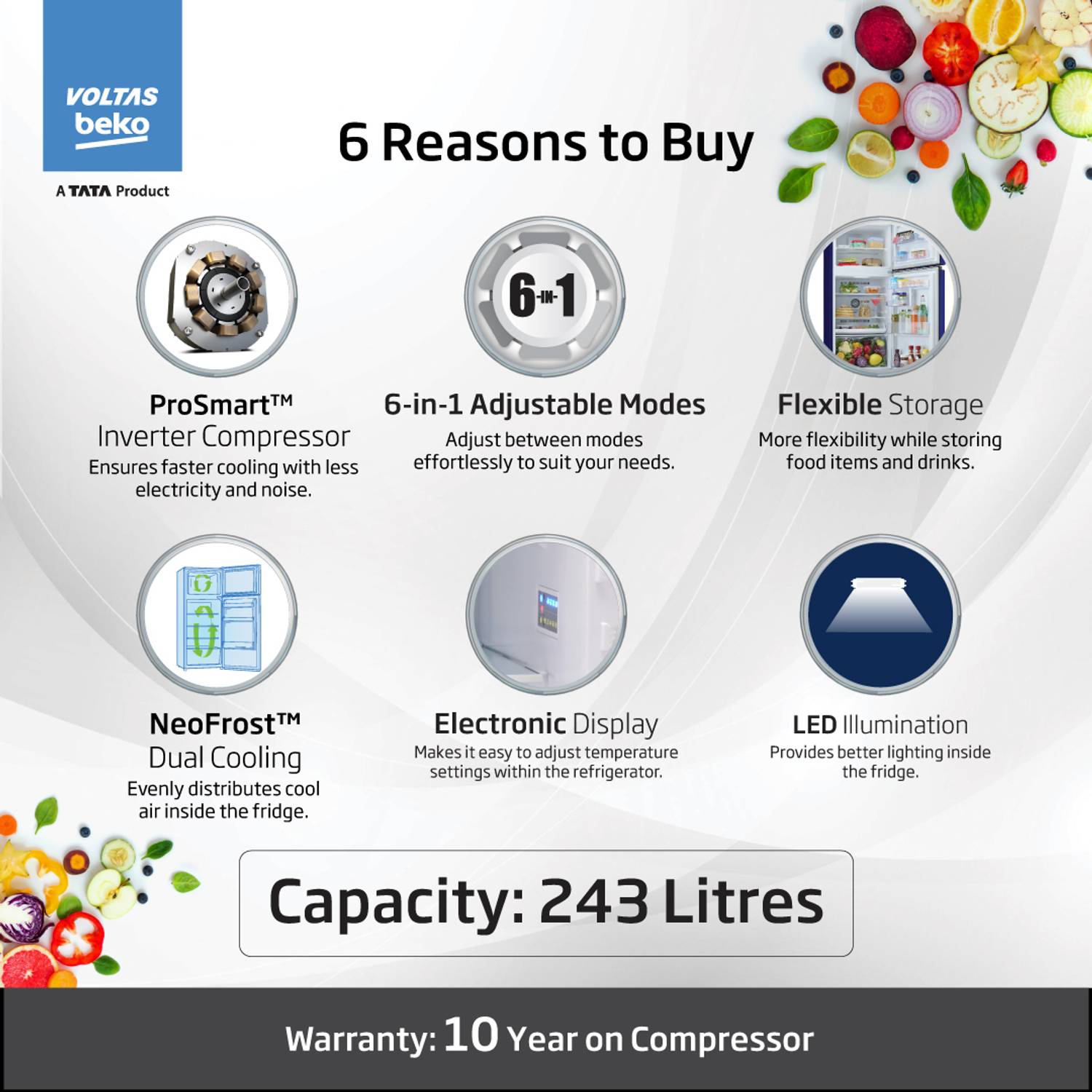 Voltas Beko 243 L Frost Free Double Door Refrigerator - Image 3