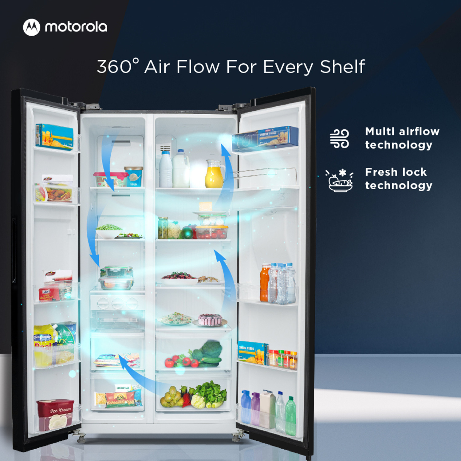 Image of MOTOROLA 584 L Frost Free Side by Side Refrigerator with Water Dispenser, Intelligent LED Touch Control Panel and Smart Adaptive Cooling