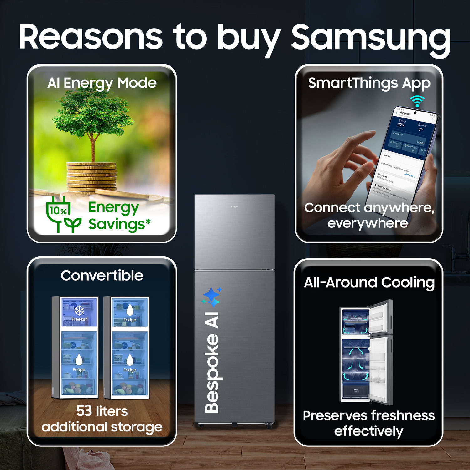 Image of Samsung 256 L Frost Free Double Door 3 Star Convertible Refrigerator with Convertible, Wifi Enabled, Bespoke AI, Digital Inverter, 2026 Model