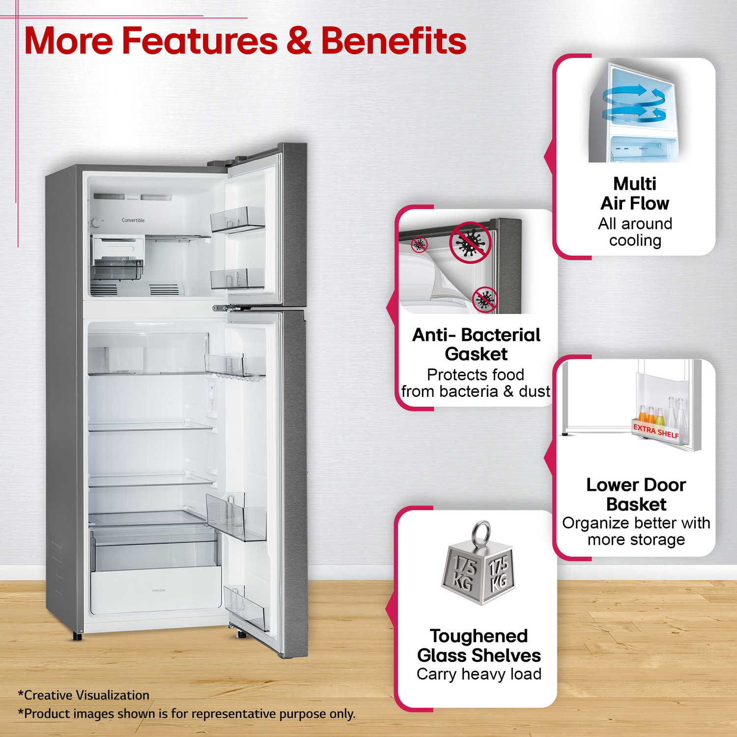 Image of LG 251 L Frost Free Double Door 2 Star Convertible Refrigerator with Convertible, Smart Mode, Multi Air Flow, Deodorizer, Fresh Zone, Works Without Stabilizer, Inverter Compressor, Auto connect & 2026 Model